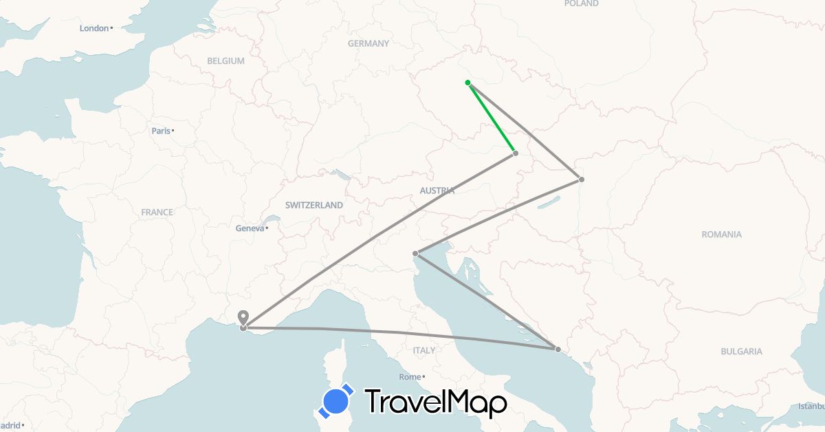 TravelMap itinerary: driving, bus, plane in Austria, Czech Republic, France, Croatia, Hungary, Italy (Europe)