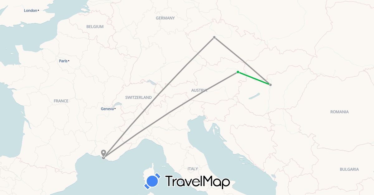 TravelMap itinerary: driving, bus, plane in Austria, Czech Republic, France, Hungary (Europe)
